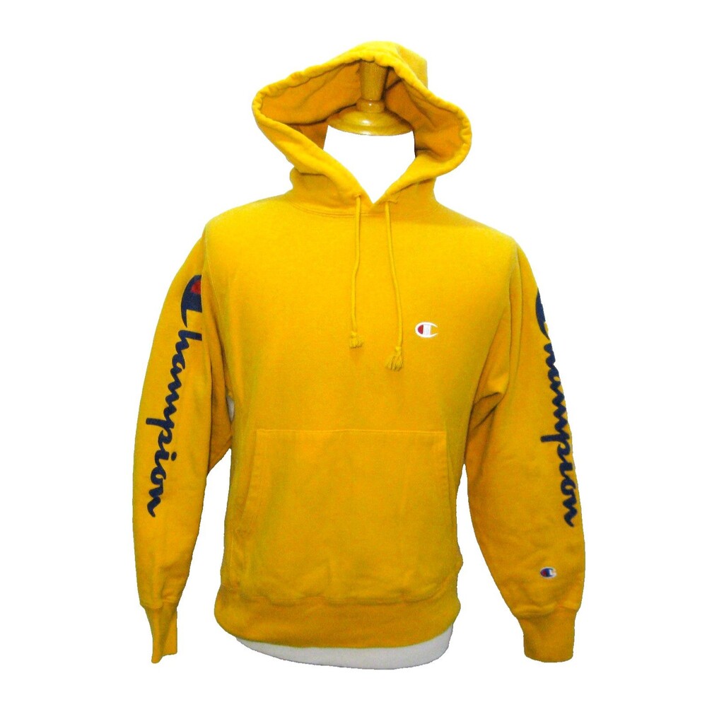 Champion Hoodie Mens Small Yellow Reverse Weave Hooded Sweatshirt Spellout Logo